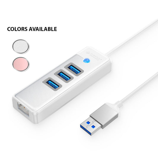 ORICO 0.5M 1M 1.8M 4 in 1 USB A 3.0 Data Hub with USB-A 3.0 and RJ45 Ports with 5Gbps Transfer Rate, 2.5G / 1000Mbps Internet Speed for Windows 8/10, macOS, Linux | PW3UR-U3 | Pink, White