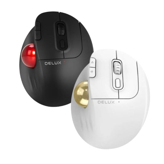 Delux MT1 DB Bluetooth and 2.4 GHz Wireless Ergonomic Trackball Optical Mouse with 2400 DPI Resolution Sensor, Up to 6 Programmable Buttons, and  Multi-Device Connectivity for PC and Laptop Computers, Phones, and Tablets - Black, White