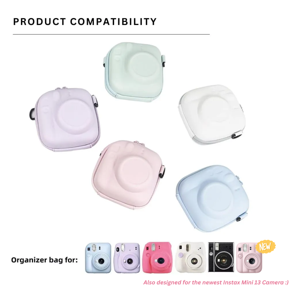 Pikxi Protective Hard Case Bag for FUJIFILM Instax Mini 13/12/11/10/9/8/7 Instant Film Cameras with Body Strap - Available in Black, Pink, Pink Cloud, Blue-Pink, Cream-White, Lilac-Purple, Mint-Green, Powder-Blue and Watercolor