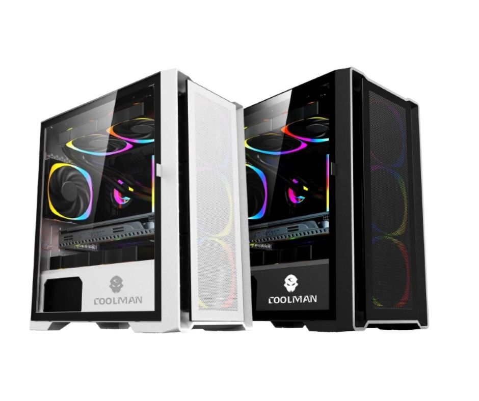 Coolman Ruby Mid-Tower Micro-ATX Gaming Case Case with 3 RGB Color Fans, Slide-On Tempered Glass Side Panel, 3 Drive Slots, 7 PCIe Expansion Slots, HD Audio, USB 3.0, 2x USB 1.0 I/O Panel (Black, White)