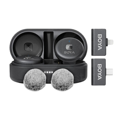 [CLEARANCE] BOYA Omic-U 2 Person Dual Channel 2.4GHz Wireless Omnidirectional Microphone System USB Type-C w/ 50m Max Range, HD Audio & Noise Cancellation, Detachable Magnetic Belt Clip and Wireless Charging Case for Vlogging