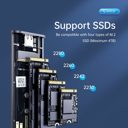 [CLEARANCE] ORICO AM2C3-G2 NVMe to USB 3.2 Gen2 Type C M.2 NVMe SSD Enclosure Tool-Free with 10Gbps Fast Data Transfer Rate, 2-in-1 USB-C to C/A Cable PD 60W, 4TB Max. Disk Capacity for Windows, macOS, Linux, Android Hard Drive Enclosure