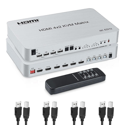 ArgoX 4x2 HDMI KVM Matrix Video Switch Splitter with 4K 60Hz Ultra HD, IR Control, Supports 3D, Keyboard Hotkeys, Audio Extraction, 3.5mm Jack, Optical Fiber, and USB2.0 | HDMX4X2-KVM