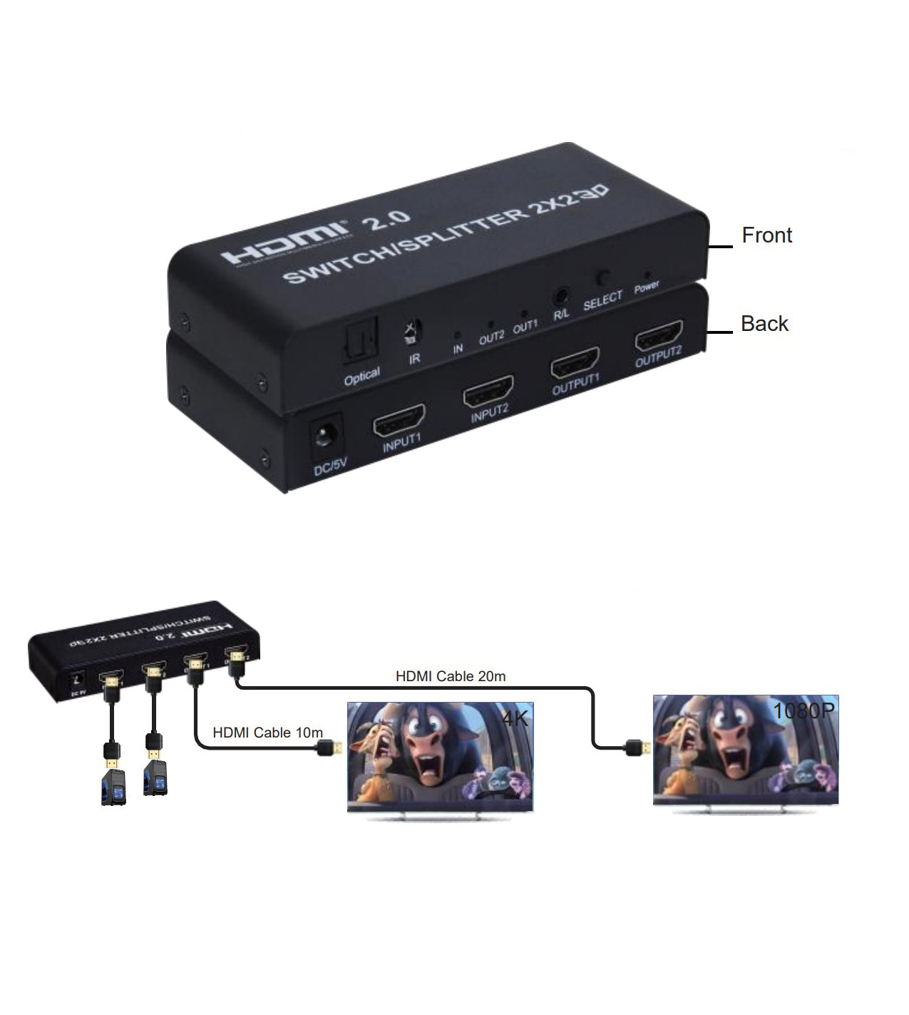 ArgoX HDSS2-2-V2.0 4K 60Hz HDMI 2.0 Splitter Switcher 2x2 Audio Extractor with IR Remote Control, Supports 3D, 6Gbps Data Rate and 600MHz Max Bandwidth, High-Definition RGB/YUV, and Up to 20m Transmission Distance