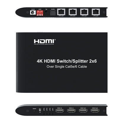 ArgoX HDSS2-6 4K Ultra HD HDMI 2x6 Video Splitter Switcher with 120m Range, CAT5e/6 Cable, IR Remote Control, 3.4Gbps Data Rate, 340MHz Max Bandwidth, Supports HDMI 1.4/HDCP1.4, 4-Ways UTP Extension for HDTV, Projector, Monitor