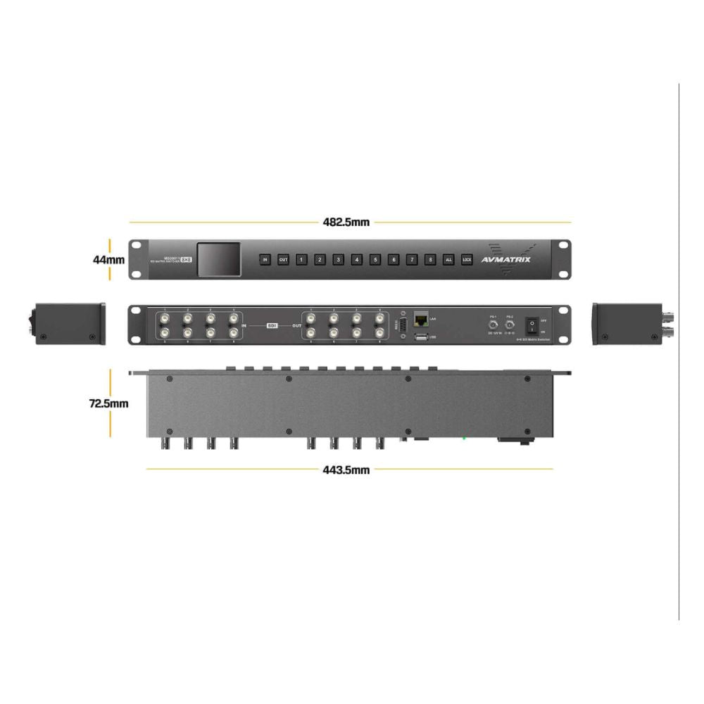 AVMATRIX 1RU 8 IN X 8 OUT 3G-SDI 8 Channel Video Matrix Switcher with RJ45, RS-232 & USB Port for Recording and Broadcast | MSS0811
