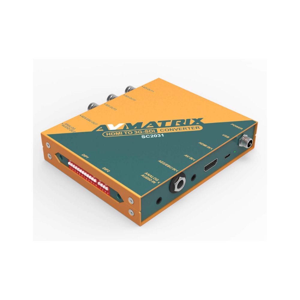 AVMATRIX HDMI & AV IN to 3X OUT 3G-SDI Scaling Converter with Up to 1080p 60Hz Long Range Video Transmission, Built-in DIP Switcher, PC Control via Micro USB, AES/EBU, and 3.5mm Audio Port for Broadcasting and Production | SC2031