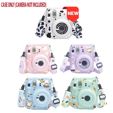 [CLEARANCE] Pikxi 3-in-1 Transparent Glitter Instant Camera Case for FUJIFILM Instax Mini 12 Film Cameras with Cartoon Patch Sticker Set and Body Strap