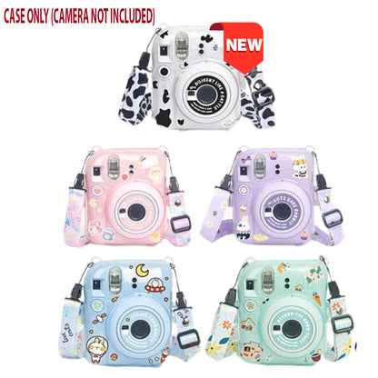 [CLEARANCE] Pikxi 3-in-1 Transparent Glitter Instant Camera Case for FUJIFILM Instax Mini 12 Film Cameras with Cartoon Patch Sticker Set and Body Strap