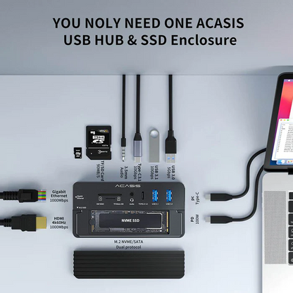 ACASIS CM073 10-in-1 USB Type-C Hub Docking Station with M.2 NVMe SSD Enclosure, TF / SD Card, Ethernet Port, 4K HD  60Hz HDMI, 100W PD Fast Charging, and Supports 10Gbps High Speed Data
