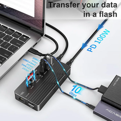 ACASIS CM073 10-in-1 USB Type-C Hub Docking Station with M.2 NVMe SSD Enclosure, TF / SD Card, Ethernet Port, 4K HD  60Hz HDMI, 100W PD Fast Charging, and Supports 10Gbps High Speed Data