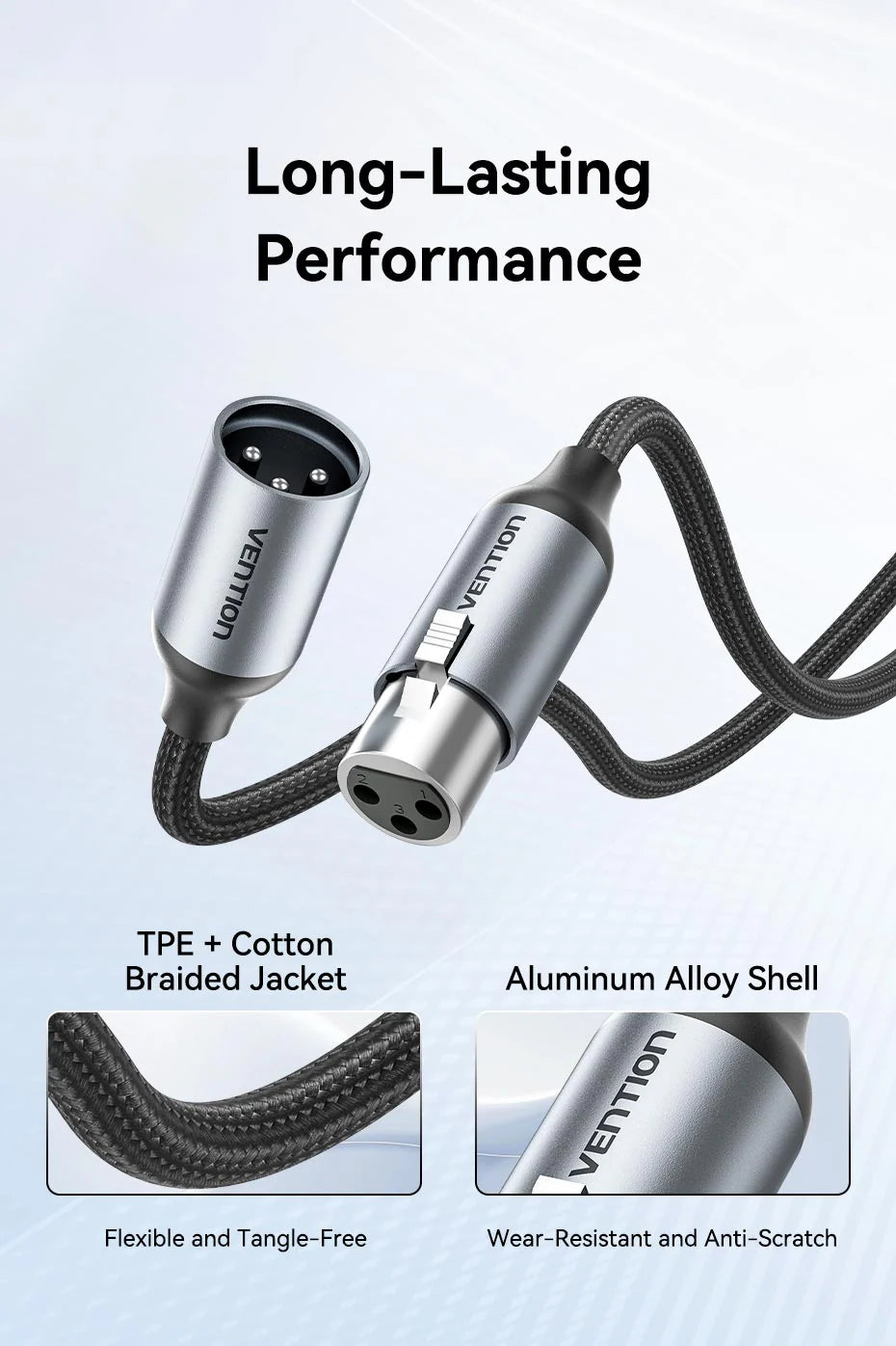 Vention 5m 3m 1m XLR Male to Female Microphone Audio Cable with Nickel-Plated Connectors, Multi-Layer Shielding, Aluminum Alloy Shell and Cotton Braided Jacket for Speaker, Mixers, Amplifiers, Sound Card, and More