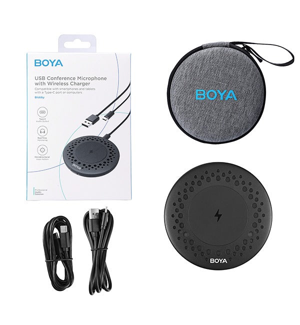 BOYA Blobby Portable USB Condenser Omnidirectional Conference Microphone with 5W Smartphone Wireless Charger, Mic Max 3 Meters Range with 360 Degree Sound Pickup, Mic Mute / Unmute Button w/ Real Time Monitoring for Meetings, Interviews