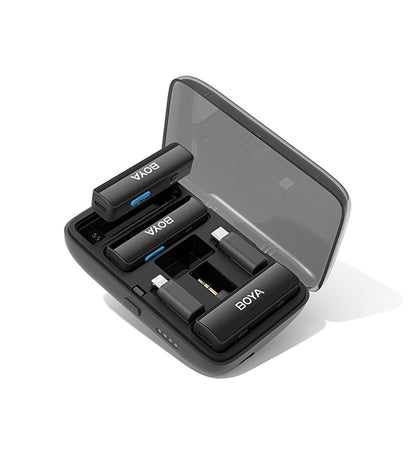 Boya BOYALINK 2 2-Person Wireless Microphone System (Dual TX + RX) with 3 in 1 3.5mm TRS, USB Type-C, iOS Lightning L-Type Interface, HD Noise Cancellation, 300m Max Range and Charging Case for Camera, Live Video Streaming, Vlog, TikTok