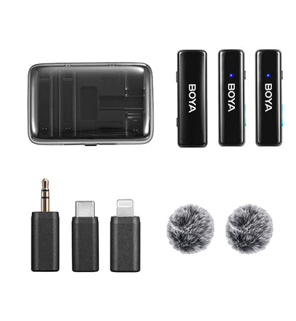 Boya BOYALINK 2 2-Person Wireless Microphone System (Dual TX + RX) with 3 in 1 3.5mm TRS, USB Type-C, iOS Lightning L-Type Interface, HD Noise Cancellation, 300m Max Range and Charging Case for Camera, Live Video Streaming, Vlog, TikTok