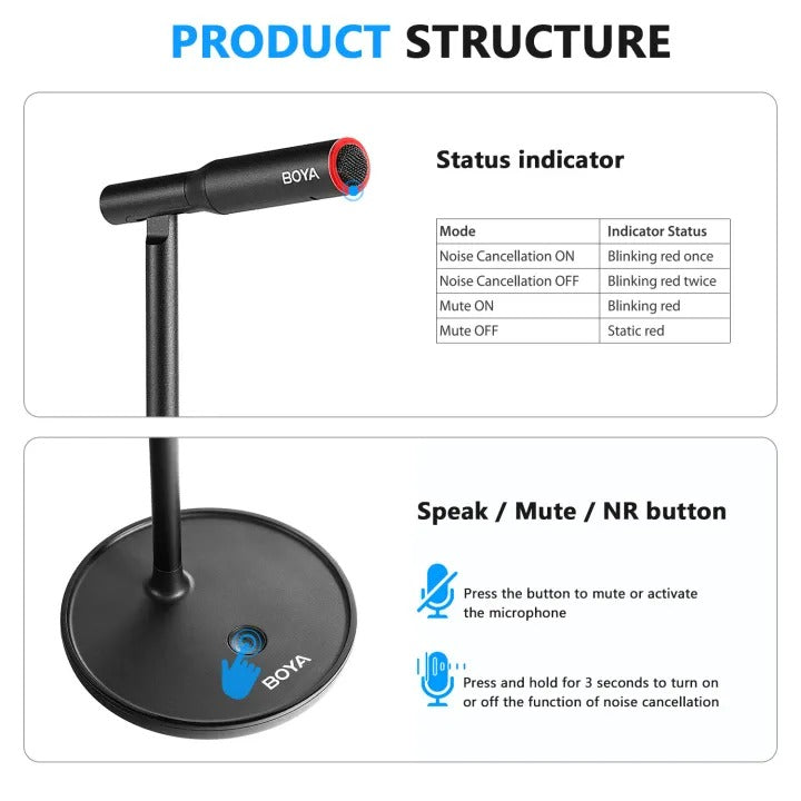 Boya BY-CM1 USB Adjustable Desktop Microphone with Cardioid Polar Pattern, Mute Button, Noise Reduction, and Low Latency Technology for Live Streaming, Video Conference, Gaming, Music Recording