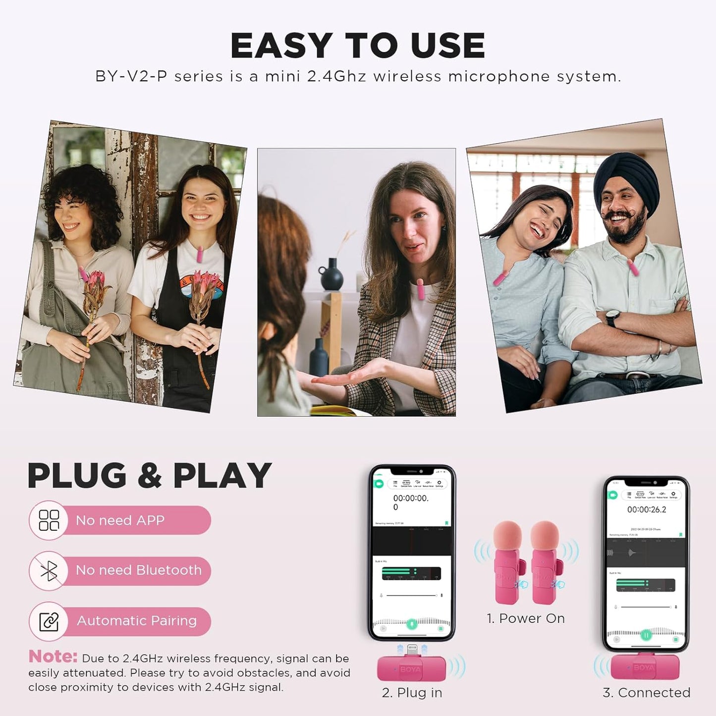 BOYA BY-V Pink Edition Wireless Lavalier Microphone (Plug and Play) with Noise Cancellation for iPhone via Lightning / Android Smartphones via USB Type C for Video Live Streaming, Vlogging, and Content Creators | BY-V2 BY-V20