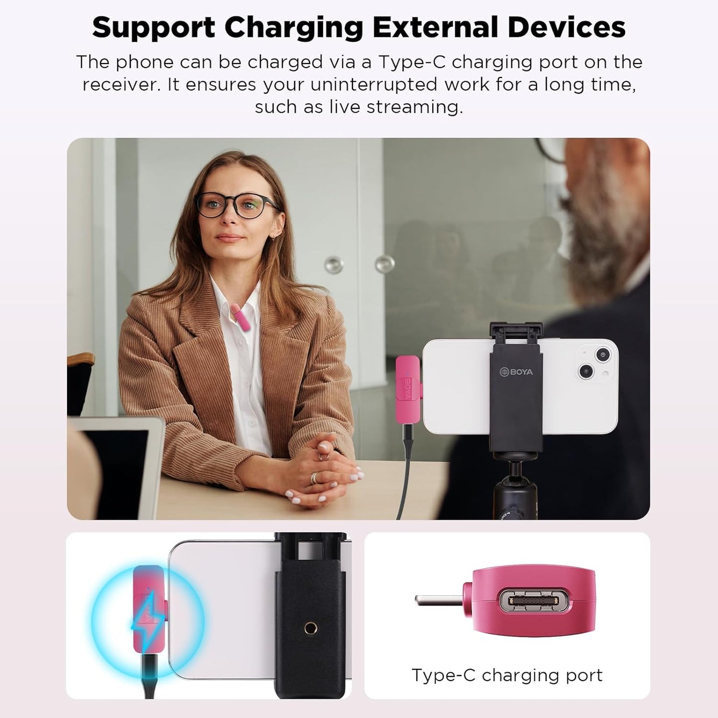 BOYA BY-V Pink Edition Wireless Lavalier Microphone (Plug and Play) with Noise Cancellation for iPhone via Lightning / Android Smartphones via USB Type C for Video Live Streaming, Vlogging, and Content Creators | BY-V2 BY-V20