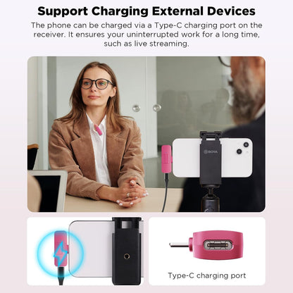 BOYA BY-V Pink Edition Wireless Lavalier Microphone (Plug and Play) with Noise Cancellation for iPhone via Lightning / Android Smartphones via USB Type C for Video Live Streaming, Vlogging, and Content Creators | BY-V2 BY-V20