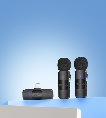 [CLEARANCE] Boya BY-V2 Ultracompact 2.4GHz Dual Wireless Lavalier Microphone System Lightning Connector for iOS Devices with 360 Degree Omnidirectional Sound, Noise Cancellation, Auto Pairing, 100m Wireless Range