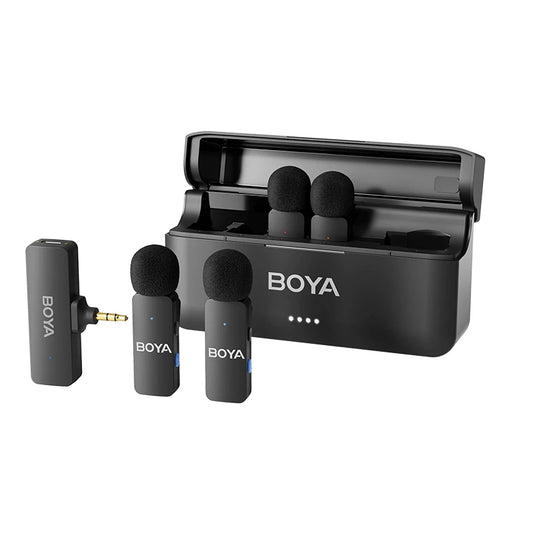 Boya BY-V4 (4TX+RX) Wireless Microphone System with 4-Peson Clip-On Mic Transmitters, USB-C/Lightning/3.5mm Audio Receiver & Charging Case for Smartphone, Camera, Computer Laptop, iPhone - Vlogging, Live Streaming, Video Content Creation