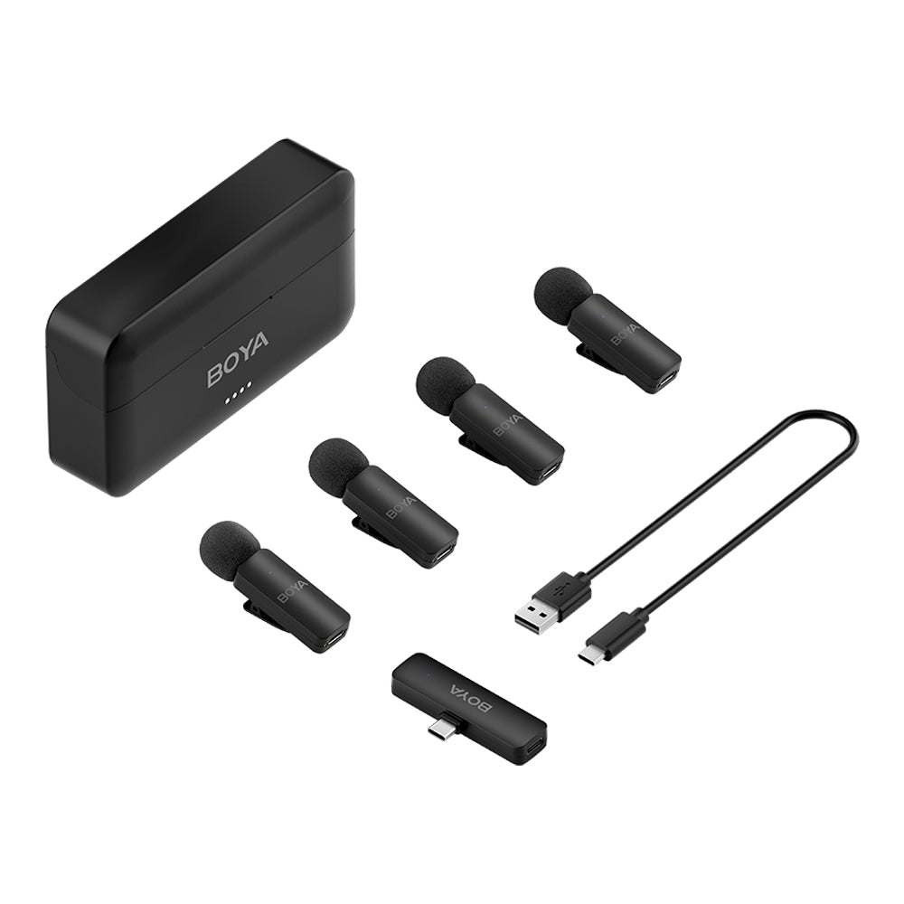 Boya BY-V4 (4TX+RX) Wireless Microphone System with 4-Peson Clip-On Mic Transmitters, USB-C/Lightning/3.5mm Audio Receiver & Charging Case for Smartphone, Camera, Computer Laptop, iPhone - Vlogging, Live Streaming, Video Content Creation