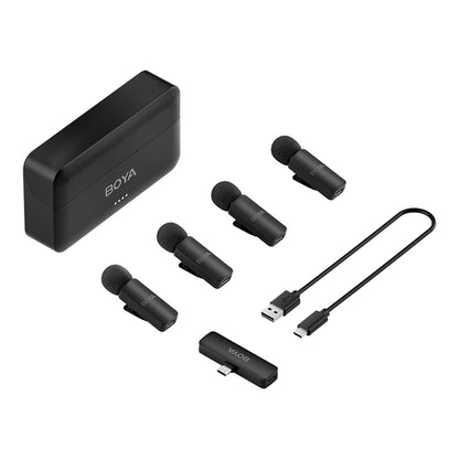 Boya BY-V4 (4TX+RX) Wireless Microphone System with 4-Peson Clip-On Mic Transmitters, USB-C/Lightning/3.5mm Audio Receiver & Charging Case for Smartphone, Camera, Computer Laptop, iPhone - Vlogging, Live Streaming, Video Content Creation