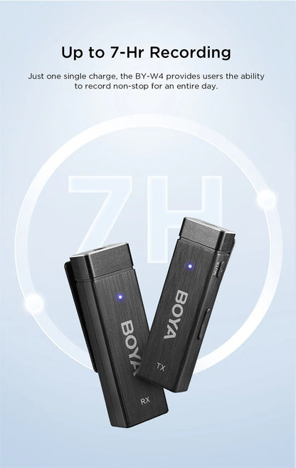Boya BY-W4 Ultracompact 2.4GHz Four-Channel Wireless Microphone System for Cameras, Smartphones, Tablets, PC with 4 Transmitter, 1 Receiver, 30m Range, 360 Degree Omnidirectional Sound, 3.5mm TRRS Output, 2 Selectable Patterns TX RX