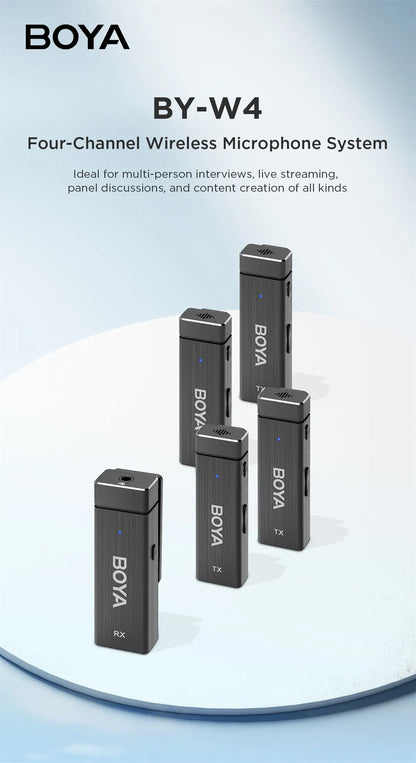 Boya BY-W4 Ultracompact 2.4GHz Four-Channel Wireless Microphone System for Cameras, Smartphones, Tablets, PC with 4 Transmitter, 1 Receiver, 30m Range, 360 Degree Omnidirectional Sound, 3.5mm TRRS Output, 2 Selectable Patterns TX RX