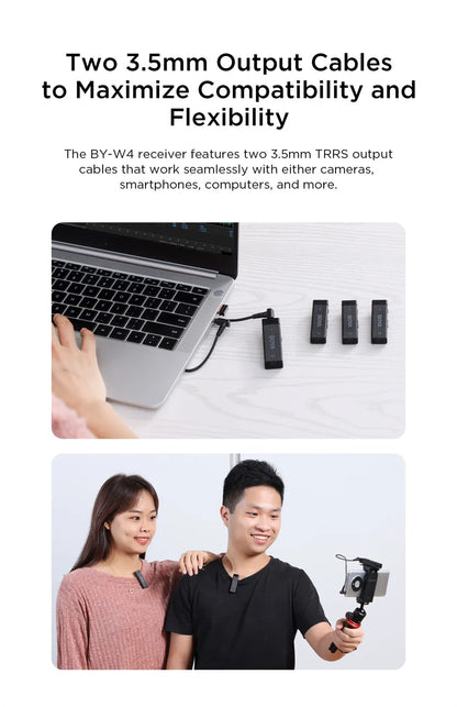 Boya BY-W4 Ultracompact 2.4GHz Four-Channel Wireless Microphone System for Cameras, Smartphones, Tablets, PC with 4 Transmitter, 1 Receiver, 30m Range, 360 Degree Omnidirectional Sound, 3.5mm TRRS Output, 2 Selectable Patterns TX RX