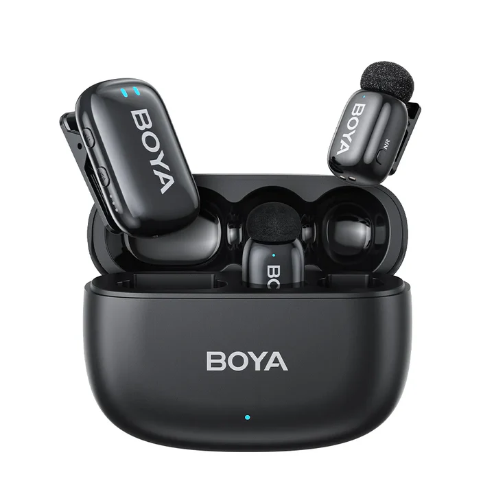 Boya Mini 2-Person Dual TX + RX 2.4GHz Wireless Microphone System Transmitter + Receiver USB Type-C / Lightning Ports / 3.5mm TRS, 100m Max Range, 3 Level AI Noise Reduction, 30Hrs Battery Life for Vlog Vlogging, Content Creation