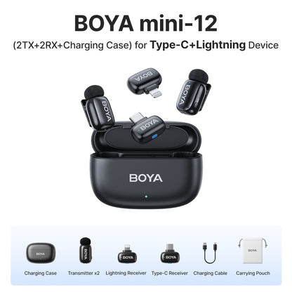 Boya Mini 2-Person Dual TX + RX 2.4GHz Wireless Microphone System Transmitter + Receiver USB Type-C / Lightning Ports / 3.5mm TRS, 100m Max Range, 3 Level AI Noise Reduction, 30Hrs Battery Life for Vlog Vlogging, Content Creation