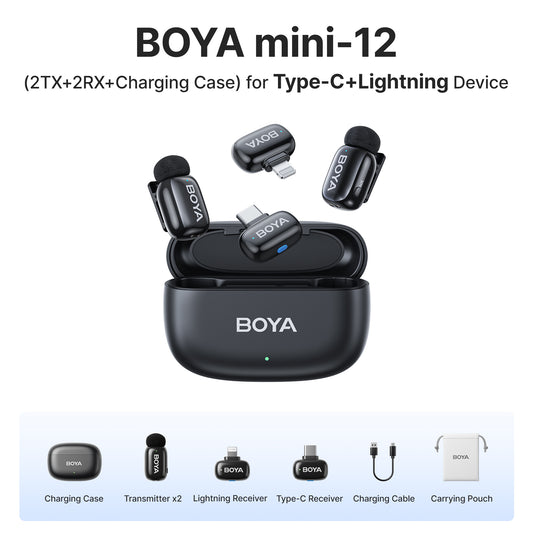 Boya Mini 2-Person Dual TX + RX 2.4GHz Wireless Condenser Microphone System Transmitter + Receiver with USB Type-C / Lightning Interface, 100m Max Operation Range, 3 Level AI Noise Reduction, 30Hrs Long Battery Life for Vlog Vlogging, Content Creation