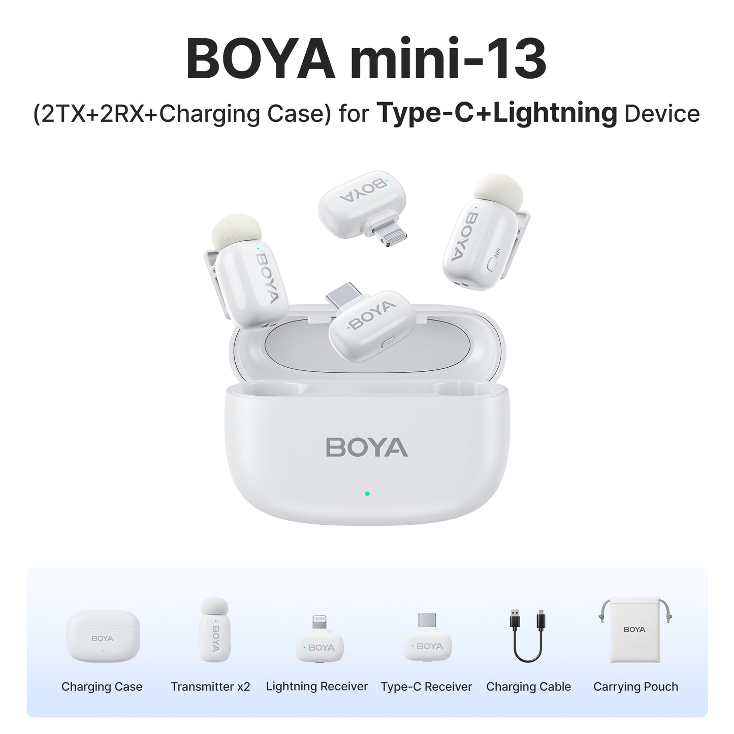 Boya Mini 2-Person Dual TX + RX 2.4GHz Wireless Condenser Microphone System Transmitter + Receiver with USB Type-C / Lightning Interface, 100m Max Operation Range, 3 Level AI Noise Reduction, 30Hrs Long Battery Life for Vlog Vlogging, Content Creation