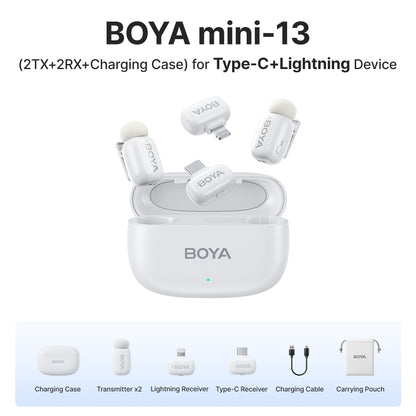 Boya Mini 2-Person Dual TX + RX 2.4GHz Wireless Microphone System Transmitter + Receiver USB Type-C / Lightning Ports / 3.5mm TRS, 100m Max Range, 3 Level AI Noise Reduction, 30Hrs Battery Life for Vlog Vlogging, Content Creation