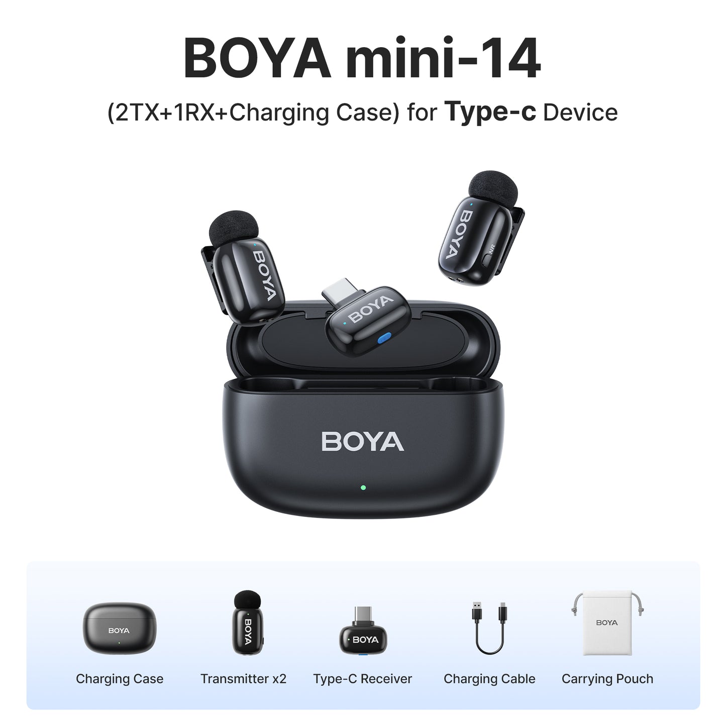 Boya Mini 2-Person Dual TX + RX 2.4GHz Wireless Condenser Microphone System Transmitter + Receiver with USB Type-C / Lightning Interface, 100m Max Operation Range, 3 Level AI Noise Reduction, 30Hrs Long Battery Life for Vlog Vlogging, Content Creation