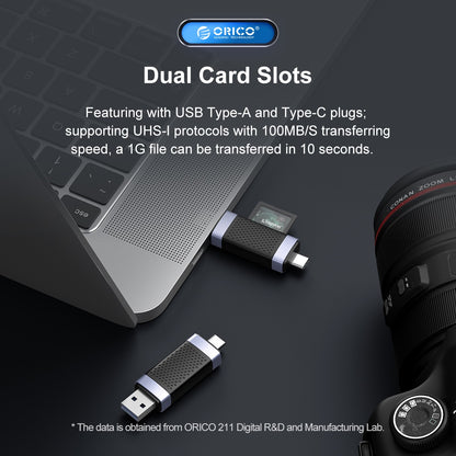 ORICO 2-in-1 SD / microSD Card Dual Port to USB 2.0 + Type C Card Reader with 480Mbps Fast Data Transfer Rate, microSD, MicroSDHC, MicroSDCX Slot for Smartphones, PC, Tablet, Laptop | CD2D-AC2