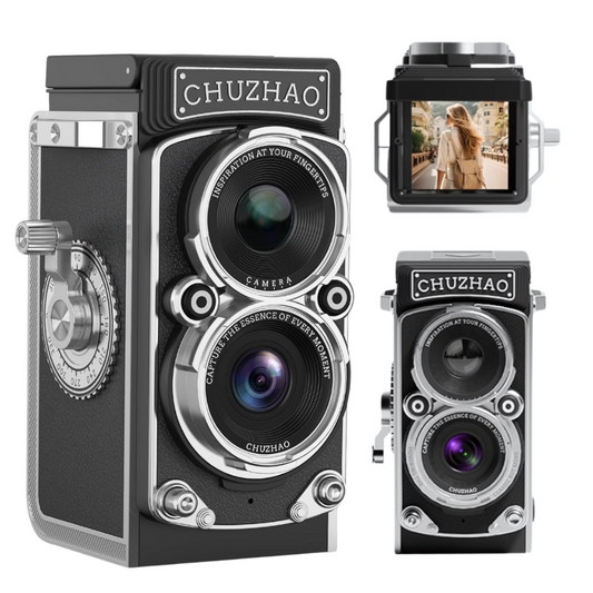 CHUZHAO 12MP TLR Digital Twin Lens Reflex Retro Style Toy Camera with 1080p FHD Video, 1.54" Top View IPS HD Screen, 32GB MicroSD Storage, USB Type-C Port, Rechargeable Li-ion Battery for Still Shots, Videography, Vintage Aesthetic