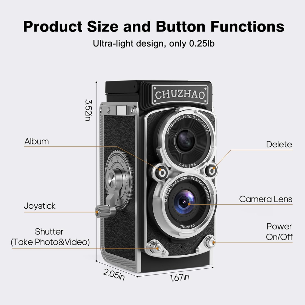CHUZHAO 12MP TLR Digital Twin Lens Reflex Retro Style Toy Camera with 1080p FHD Video, 1.54" Top View IPS HD Screen, 32GB MicroSD Storage, USB Type-C Port, Rechargeable Li-ion Battery for Still Shots, Videography, Vintage Aesthetic