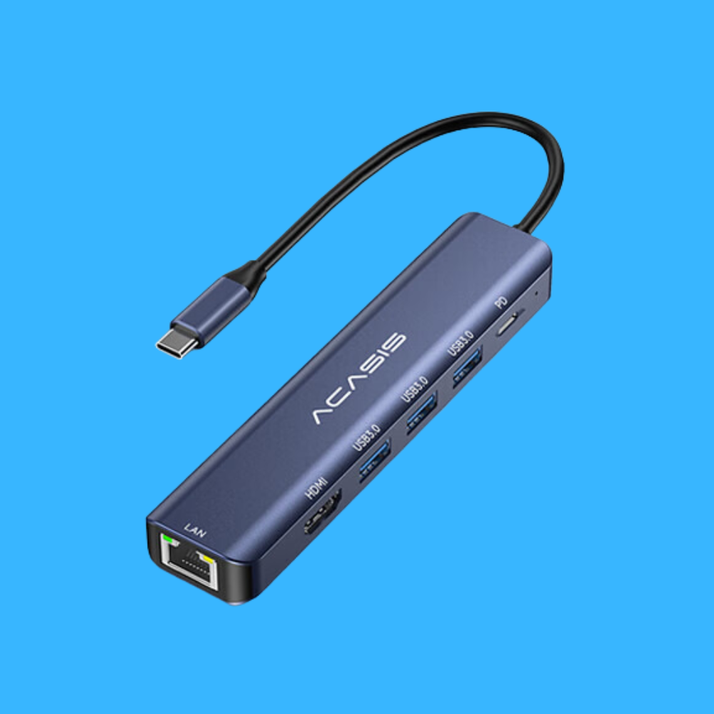 ACASIS DS-7HN6 6-in-1 USB 3.0 to Type C Hub Docking Station with, 1000Mbps Gigabit Ethernet Network LAN & 4K HD 60Hz HDMI Port, 100W PD Fast Charging, and 5Gbps High Speed Data