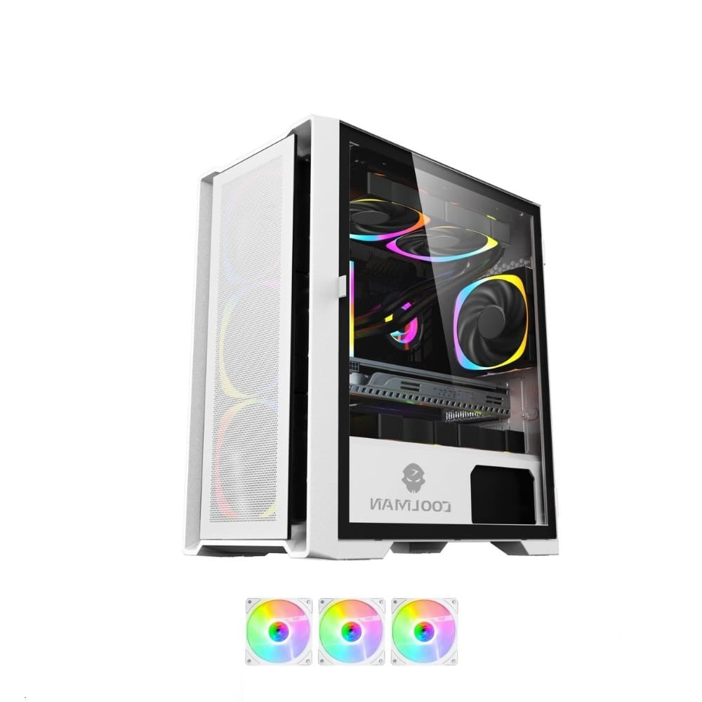 Coolman Ruby Mid-Tower Micro-ATX Gaming Case Case with 3 RGB Color Fans, Slide-On Tempered Glass Side Panel, 3 Drive Slots, 7 PCIe Expansion Slots, HD Audio, USB 3.0, 2x USB 1.0 I/O Panel (Black, White)