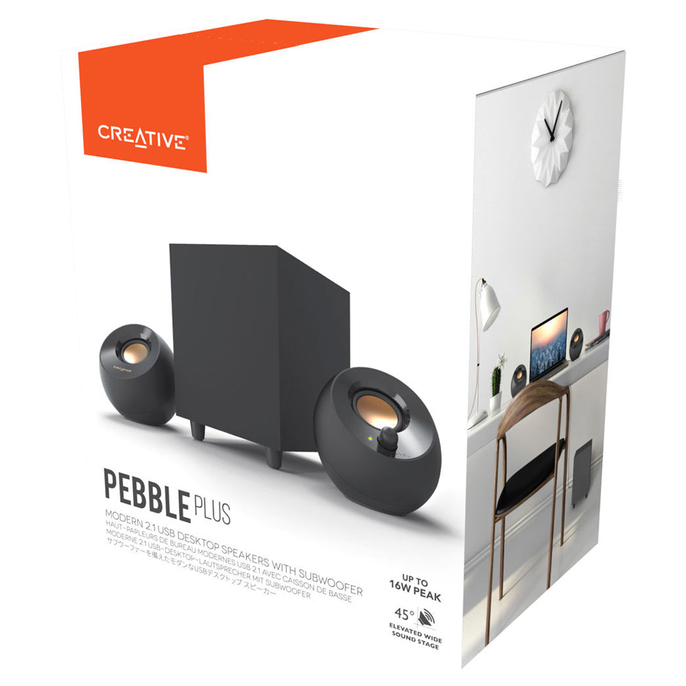 Creative Pebble Plus 2.1 USB Powered 16W Wired Desktop Computer Stereo Speakers with Down-Firing Subwoofer and Far-Filed Drivers, 3.5mm AUX Audio Jack for Gaming, Movie & Music Streaming, PC & Laptop, Windows & macOS - Black | MF0480