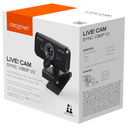 Creative Live! Cam Sync V2 1080P 2MP USB 2.0 Webcam with Auto Mute & Noise Cancellation, Built-In Dual Microphones, Camera Privacy Lens Cover, Clip & Screw Mount for Video Conference & Calls, PC, Laptop, Computer, Windows, macOS, Chrome OS