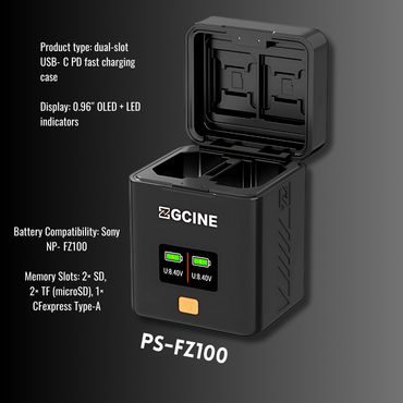 ZGCINE FZ100 Charging Case Dual Battery Charger for Sony A7 IV, A7C II, A7R V, A9 III, A1, FX30, ZV-E1  NP-FZ100 Camera Batteries with 0.96" OLED Display, USB-C PD Input & Memory Card Storage (CFexpress Type-B, SD, microSD) | PS-FZ100
