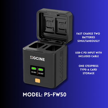 ZGCINE FW50 Charging Case Dual Battery Charger for SONY ZV-E10, A6500, A6400, A6000, A7S II, A7S, A7R II NP-FW50 Camera Batteries with 0.96" OLED Display, USB-C PD Input & Memory Card Storage (CFexpress Type-B, SD, microSD) | PS-FW50
