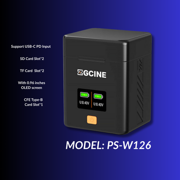 ZGCINE W126 Charging Case Dual Battery Charger for FUJIFILM X-H1, X-Pro3, X-T200, X-E4, X-A10, X-M1, X100VI NP-W126 Camera Batteries with 0.96" OLED Display, USB-C PD Input & Memory Card Storage (CFexpress Type-B, SD, microSD) | PS-W126
