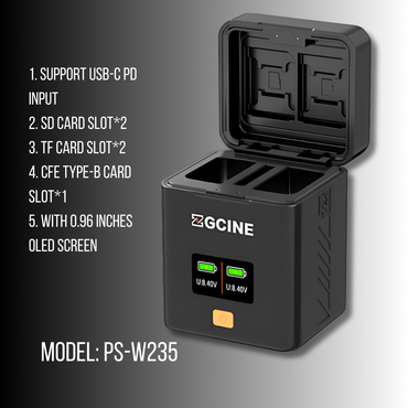 ZGCINE W235 Charging Case Dual Battery Charger for FUJIFILM GFX 50S II, X100S, X100 II, X-H2S, X-T5, X-S20 NP-W235 Camera Batteries with 0.96" OLED Display, USB-C PD Input & Memory Card Storage (CFexpress Type-B, SD, microSD) | PS-W235