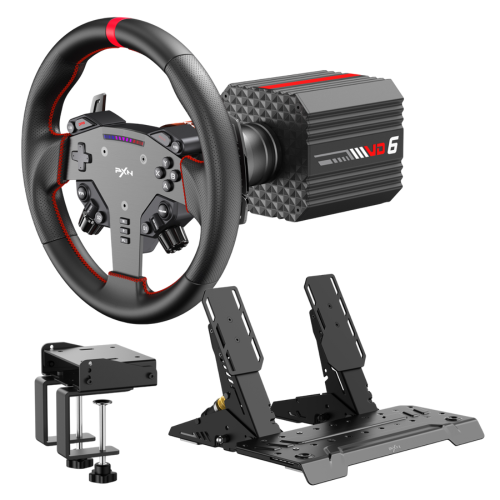 PXN VD6 & VD4 Direct Drive Sim Racing Wheel Bundle with High-Torque Servo Motor Base, Hall Sensor Pedals, Programmable Buttons, Quick Release Steering Wheel & SimRacing Software PC, PS4 / PS5 Pro, Xbox Series, Gaming Console Accessories