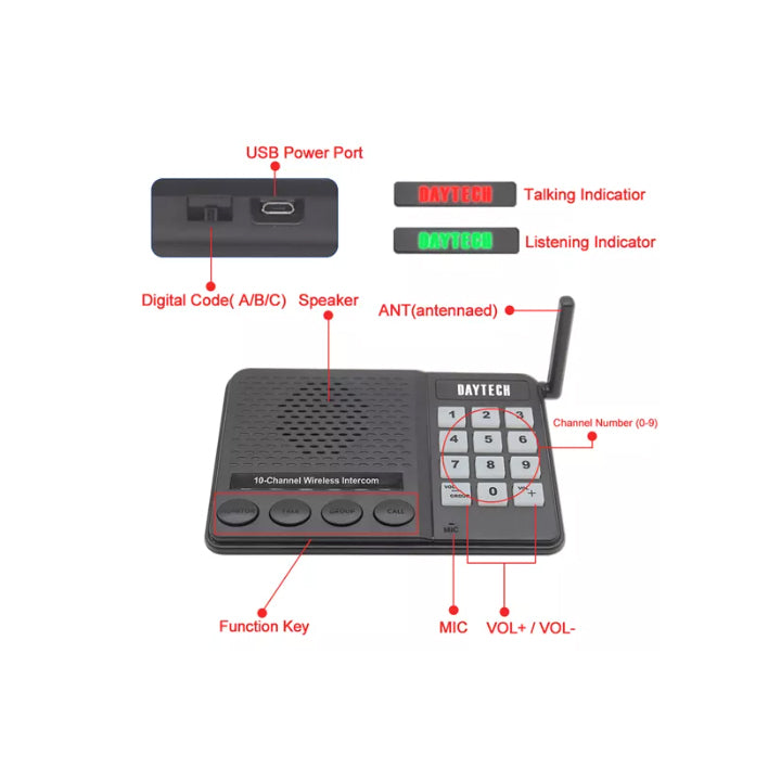 DAYTECH CI02 Multi-Channel Wireless Intercom System 1000m Long Range Two-Way Transmission for Home, Office, Hotel, Restaurant, Cafe, Clinic, Hospital