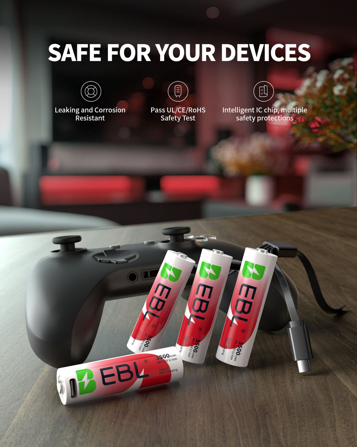 EBL 4pcs 1-Pack 1.5V AA 3500mAh Rechargeable Li-Ion Lithium Ion Battery USB-C Charging Port